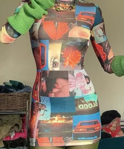 New Girl Order NEW IN COLLAGE PRINT MESH CUT OUT BACK BODYCON DRESS