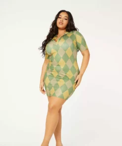New Girl Order GREEN ARGYLE PRINT COLLAR RIBBED DRESS CURVE Tops