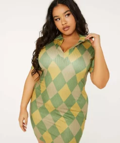 New Girl Order GREEN ARGYLE PRINT COLLAR RIBBED DRESS CURVE Tops