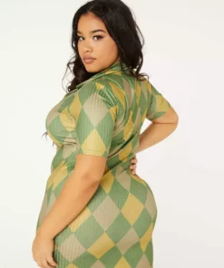 New Girl Order GREEN ARGYLE PRINT COLLAR RIBBED DRESS CURVE Tops