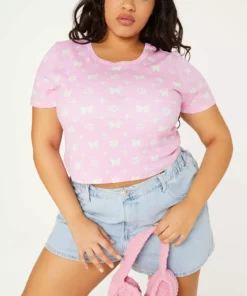 New Girl Order Tops BUTTERFLY MONOGRAM CROP LACE TEE CURVE