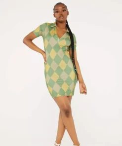 New Girl Order Tops GREEN ARGYLE PRINT COLLAR RIBBED DRESS