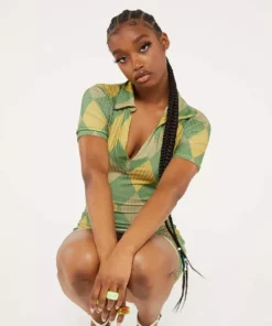 New Girl Order Tops GREEN ARGYLE PRINT COLLAR RIBBED DRESS