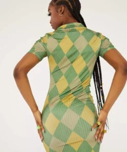 New Girl Order Tops GREEN ARGYLE PRINT COLLAR RIBBED DRESS