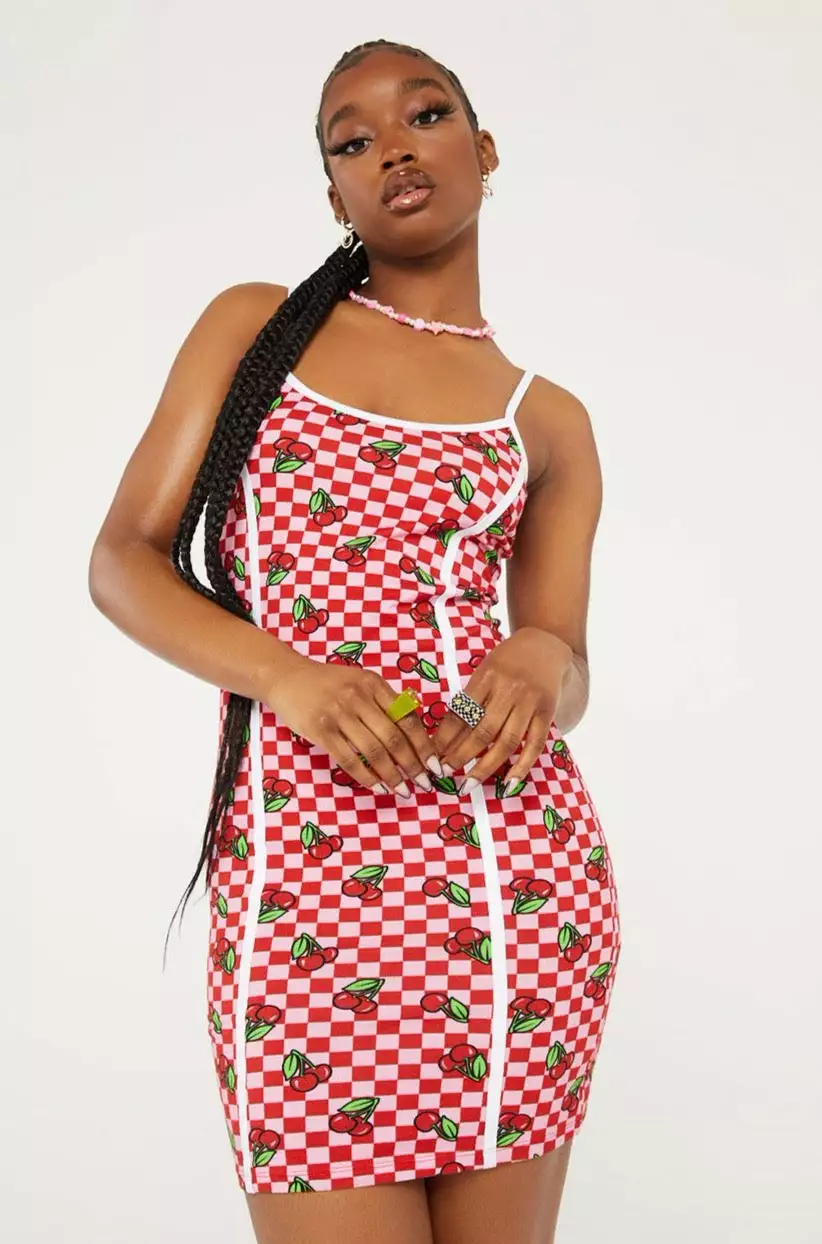 New Girl Order CHERRY CHECKERBOARD DRESS PINK