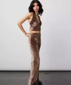 New Girl Order VELVET HALTER NECK TOP - MOCHA