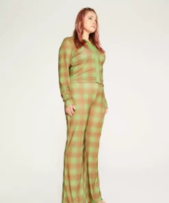 New Girl Order Tops GREEN ALL OVER PRINT CHECK FLARES CURVE