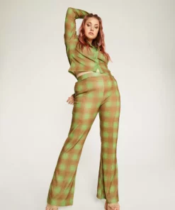 New Girl Order Tops GREEN ALL OVER PRINT CHECK FLARES CURVE