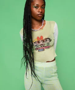 New Girl Order POWERPUFF GIRLS LEOPARD MESH TOP - GREEN
