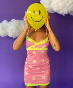 New Girl Order FLOWER SMILEY LACE TRIM DRESS