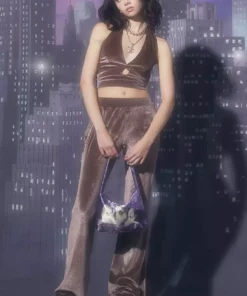 New Girl Order VELVET HALTER NECK TOP - MOCHA