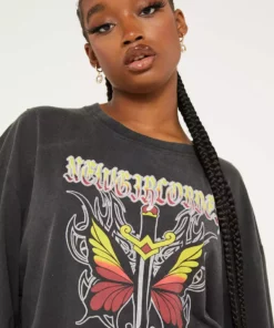 New Girl Order Butterfly Dagger Acid Wash Long Sleeved Top Tops