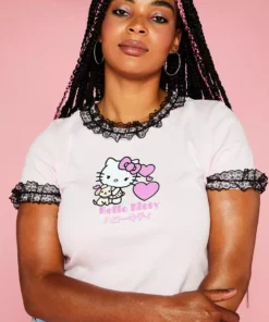 New Girl Order HELLO KITTY LACE DETAILED TEE CURVE Tops