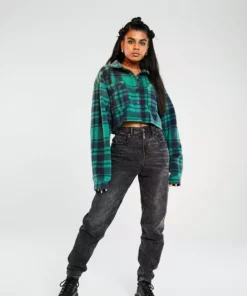 New Girl Order Check Fleece Crop Shirt