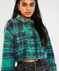 New Girl Order Check Fleece Crop Shirt