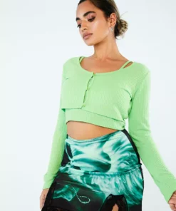 New Girl Order Tops CROP RIB GREEN CARDIGAN