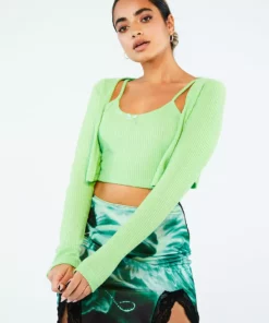 New Girl Order Tops CROP RIB GREEN CARDIGAN