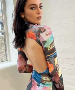 New Girl Order NEW IN COLLAGE PRINT MESH CUT OUT BACK BODYCON DRESS